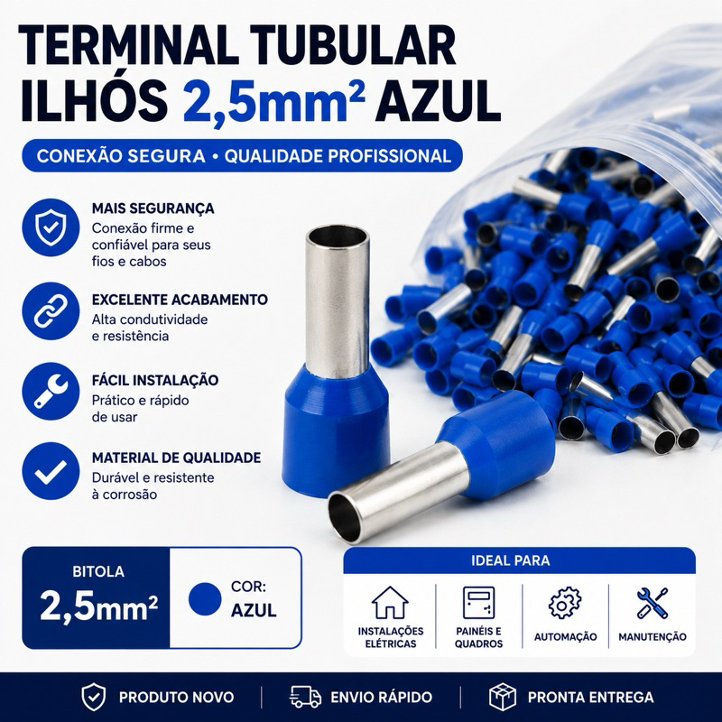 Terminal Ilhós 2,5mm Azul Isolado para Cabos Elétricos | Kit 100 200 500 Peças