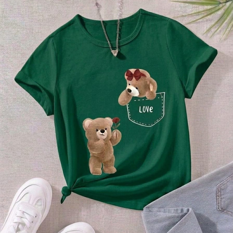 Camiseta Infantil Menina Casal Ursinho Flor Algodão Premium Confortável Leve Estilosa Blogueirinha