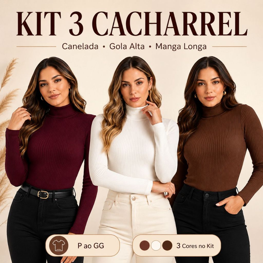 Kit 3 Blusas Femininas Cacharrel Canelada Manga Longa Gola Alta