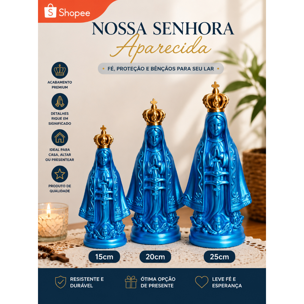 Imagem Nossa Senhora Aparecida Decorativa Azul com Coroa Dourada | 15cm, 20cm e 25cm | Decoração Religiosa