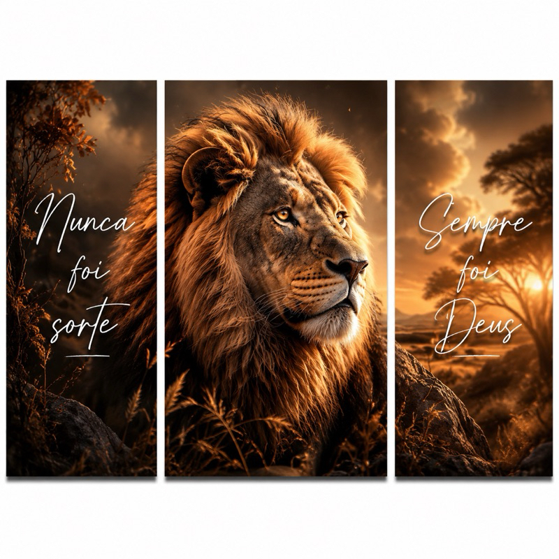 Quadros Decorativos Kit 3 Peças Leão De Judá Religioso  Nunca Foi Sorte Sempre Foi Deus Sala Quarto Decoração