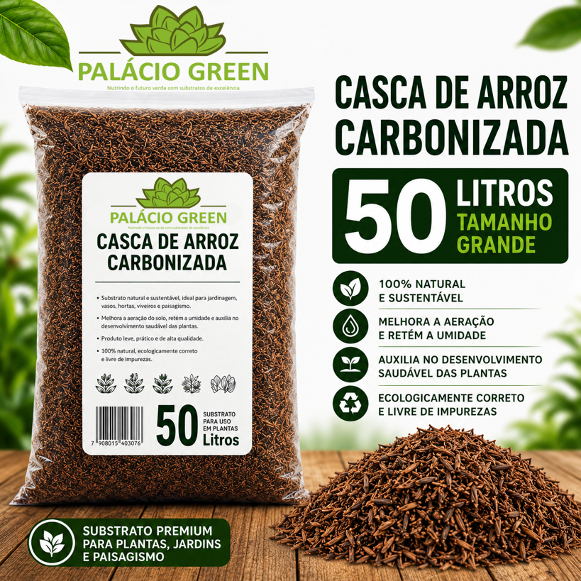 Casca de Arroz Carbonizada 50 Litros Substrato Drenante para Orquídeas, Cactos, Suculentas, Rosa do Deserto