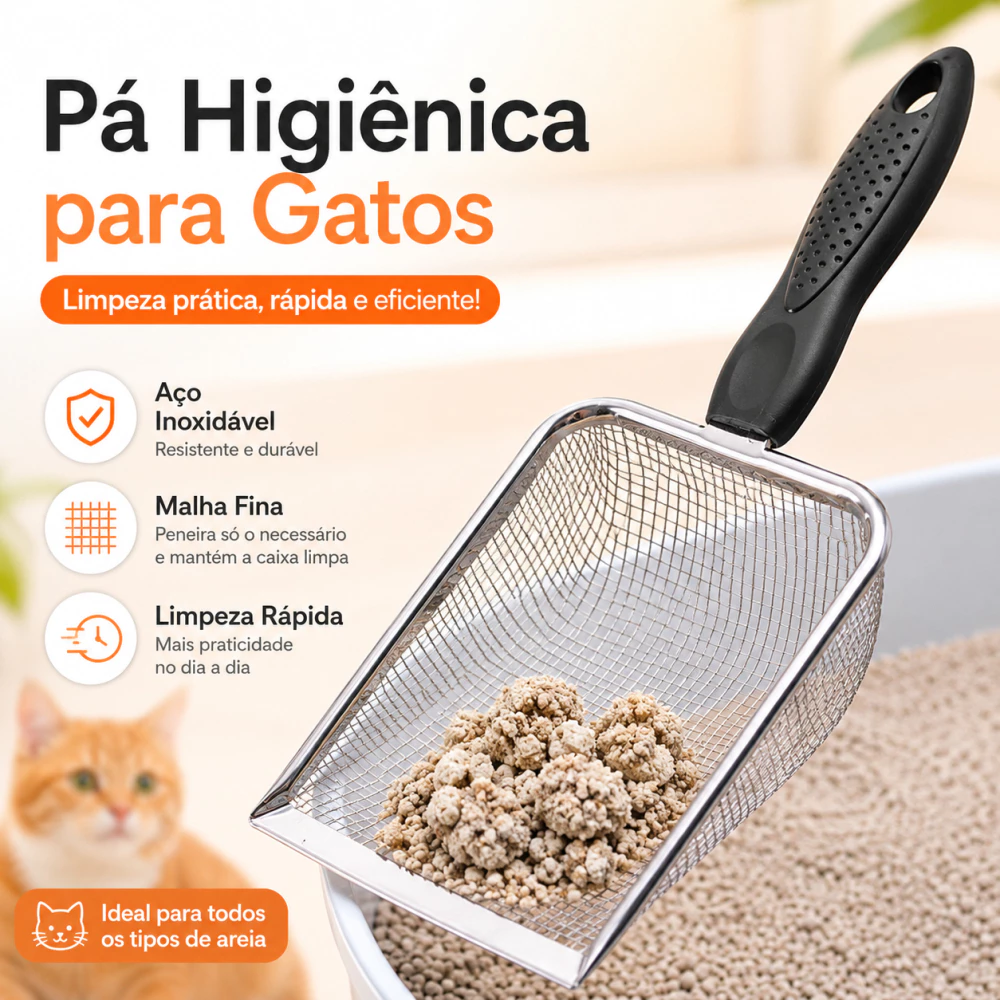 Pá Peneira para Caixa de Areia de Gato Aço Inox Malha Fina Coletora Higiênica para Limpeza