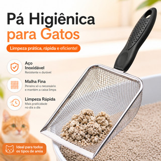 Pá Peneira para Caixa de Areia de Gato Aço Inox Malha Fina Coletora Higiênica para Limpeza