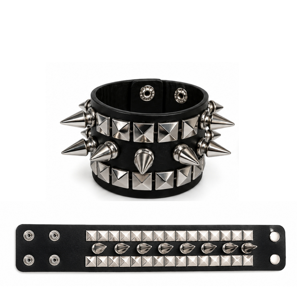 Pulseira Bracelete Punk Spike Pontiagudo E Piramide Rock Couro Sintético Gótico Sad Emo