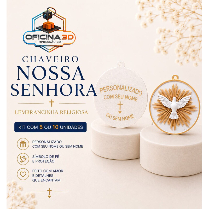 Kit 5 ou 10 Chaveiros Espírito Santo Personalizado | Lembrancinha Religiosa para Batizado, Crisma e Primeira Comunhão