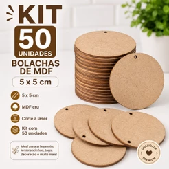 Kit Com 50 Bolachas Redondas 5cm Com 1 Furo em Mdf Crú Círculo Aplique Cheveiro