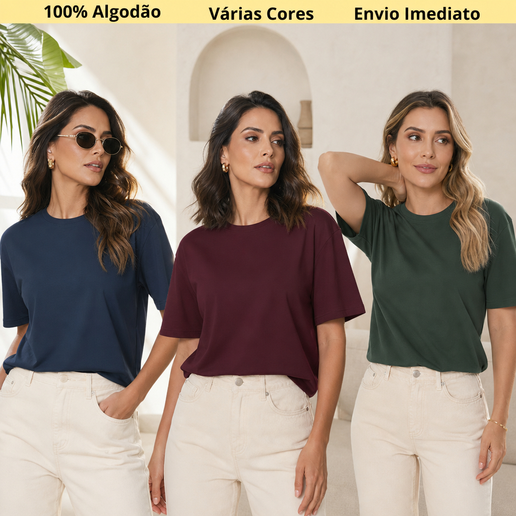 Kit 3 Camisetas Femininas 100% Algodão Lisa Básica Sem Estampa Confortável Estilosa Envio Imediato