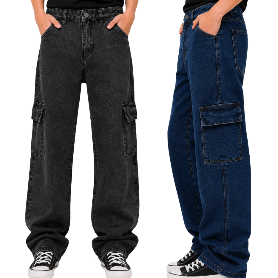 Kit Calça Cargo masculina jeans e marmorizada Juvenil Modinha Menino Regulagem Interna Premium 2 bolso laterais 10 ao 16