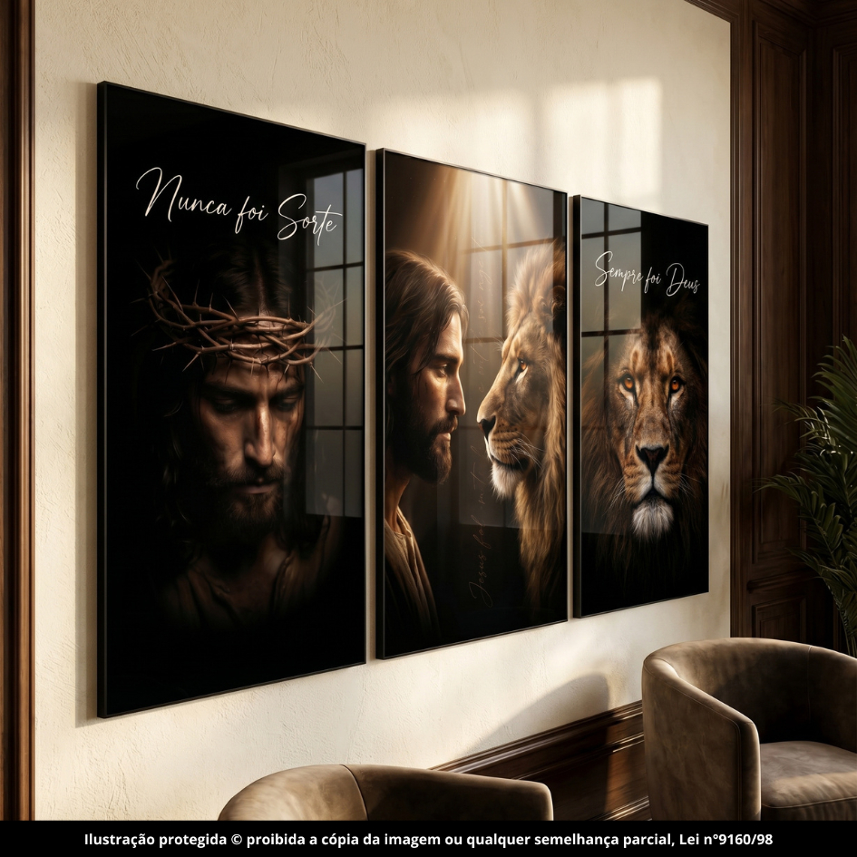 Trio Quadros Decoração Painel Jesus Cristo Leão de Judá Nunca Foi Sorte Sempre Foi Deus Religioso Cristão