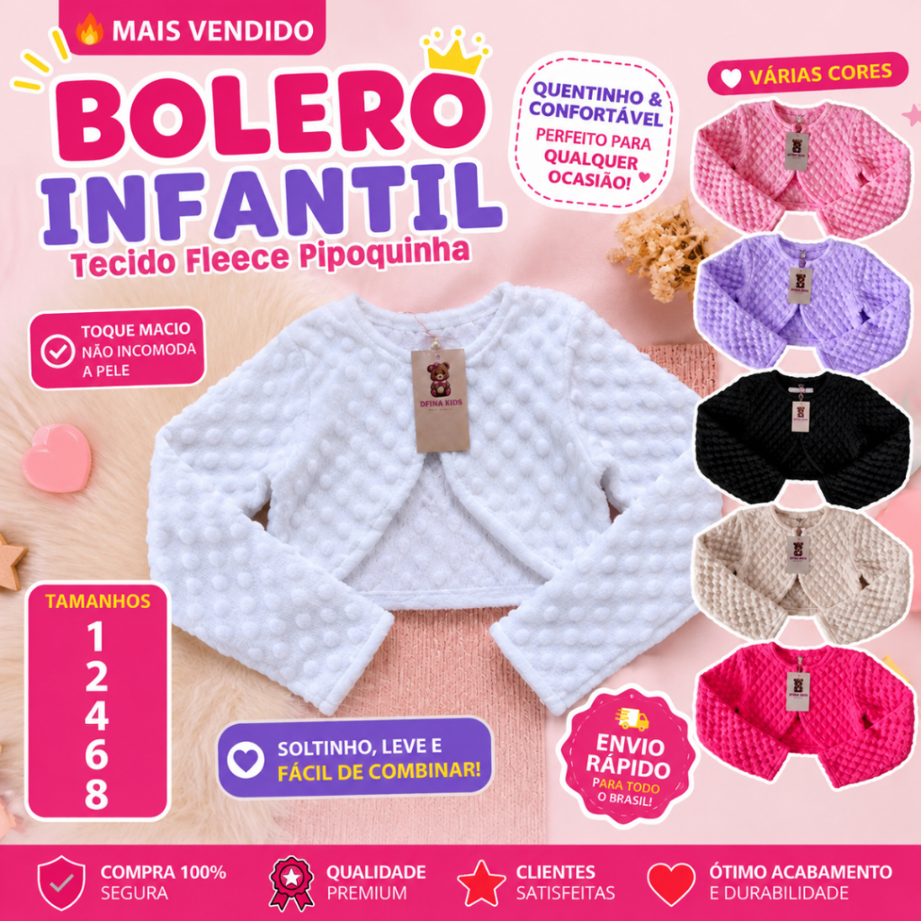 Bolero Infantil Luxo Fleece Pipoquinha Peluciado Quentinho Casaco Feminino Elegante Festa Inverno