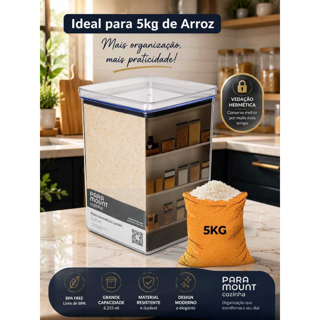 Pote Hermetico 6.215 ml  que Cabe 5Kg de Arroz Vedação excelente