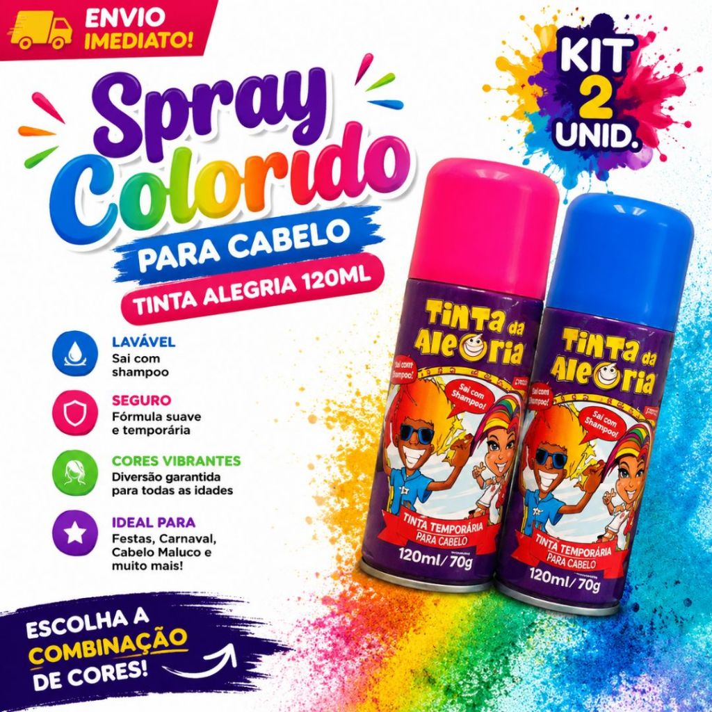 Kit 2 Sprays Tintas Coloridas para Cabelo Temporário Da Alegria Penteado Maluco Escolha as Cores