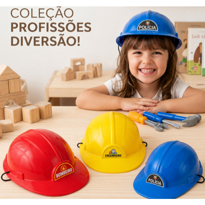 Capacete Infantil Profissões Polícia Bombeiro Engenheiro Brinquedo Faz de Conta