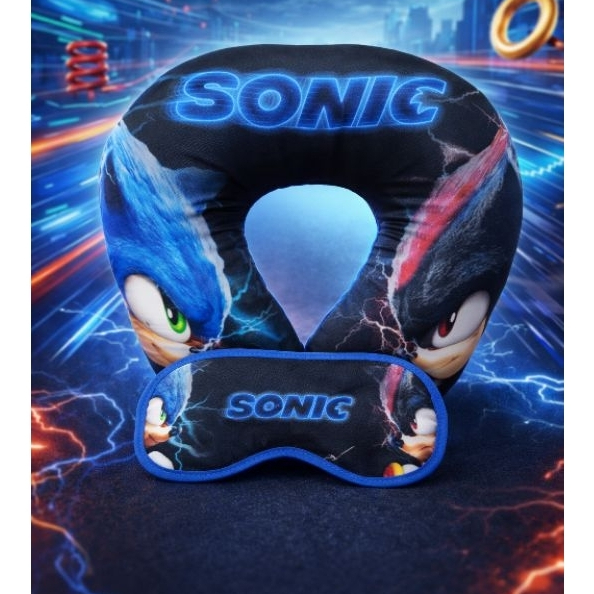 Almofada de Pescoço e Tapa Olho Confortável Gamer Azul Kit Viagem Descanso Presente