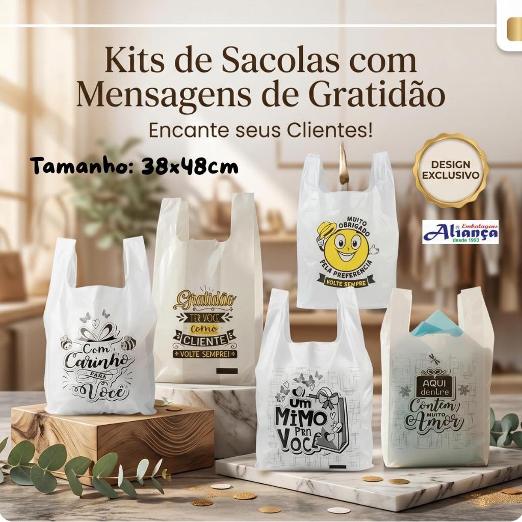 Sacola Plástica 38x48cm Grossa Resistente Volte Sempre Gratidão sacola alça camiseta