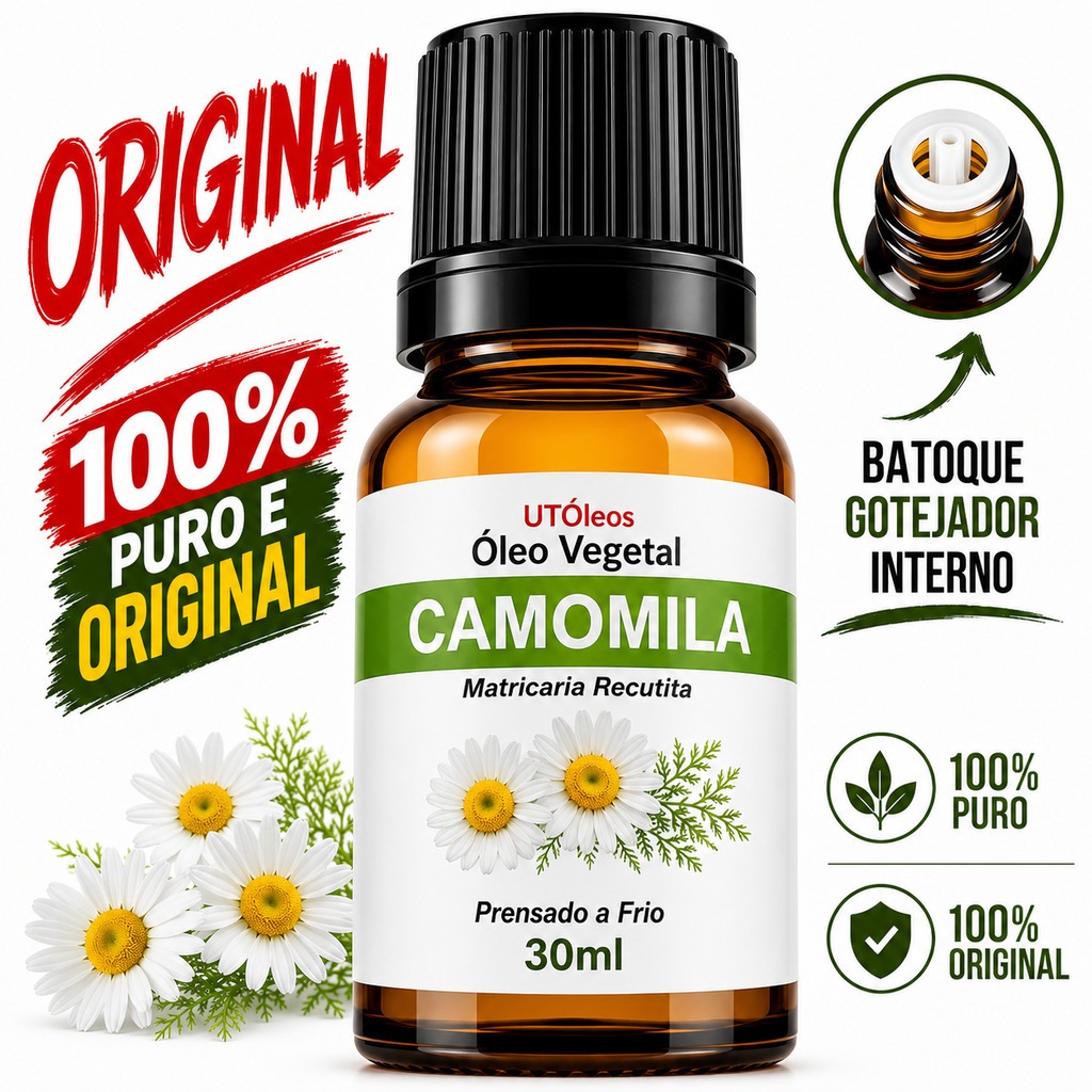 Óleo de Camomila Vegetal 30ml Puro Matricaria Recutita Pele Corpo Rosto Cabelos Prensado a Frio