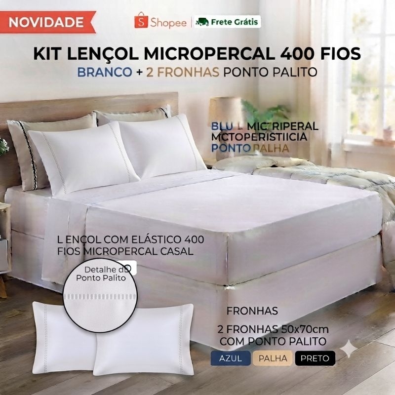 Jogo de Cama lençol Elastico e fronha Ponto Palito Micropercal 400 fios