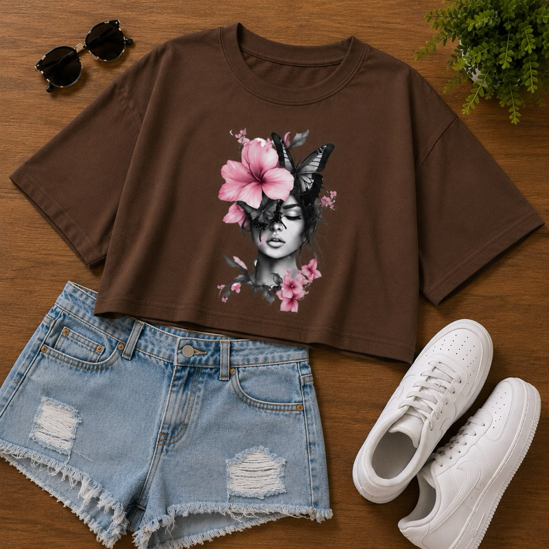 Camiseta Femenina Streetwear 100% Algodão T-shirt Oversized Leve Estampa Borboleta Floral Macio Confortável Envio Rápido