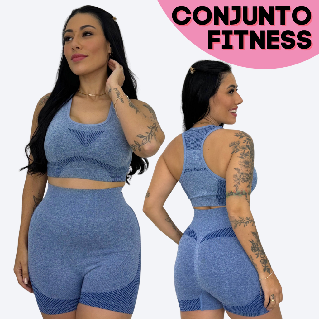 Conjunto Fitness Feminino Academia Top Com Bojo Short Cós Alto Compressão Levanta Bumbum Poliamida