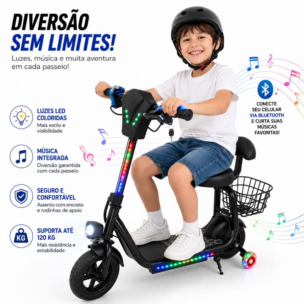 Patinete Elétrico Infantil e Juvenil Mini Scooter Motorizado 500W com Assento Caixa de Som Bluetooth Luzes LED e Kit Pro