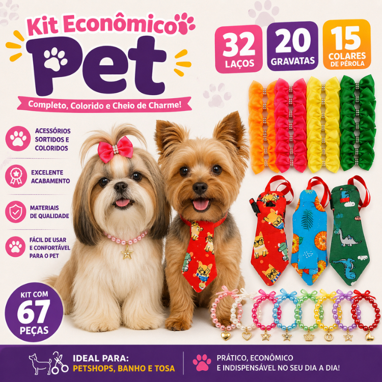 Kit Econômico Pet – 32 Lacinhos Pet, 20 Gravatas Pet, 15 Colar Pet, Ideal Para Petshop Banho e Tosa