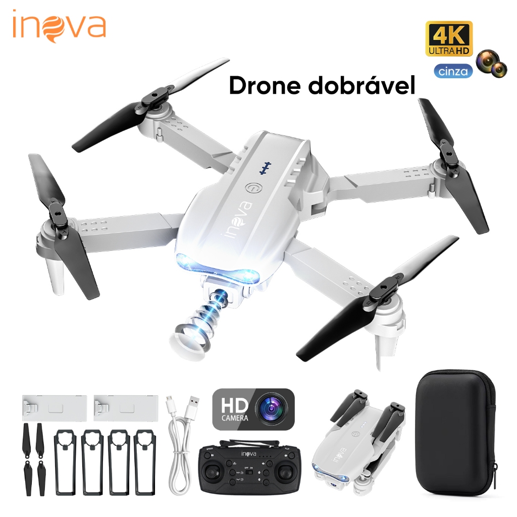 INOVA Drone Profissional Dobrável Câmera HD 1080p Sensor Anti-Obstáculo Voo Longo Alcance Acompanha 2 Baterias