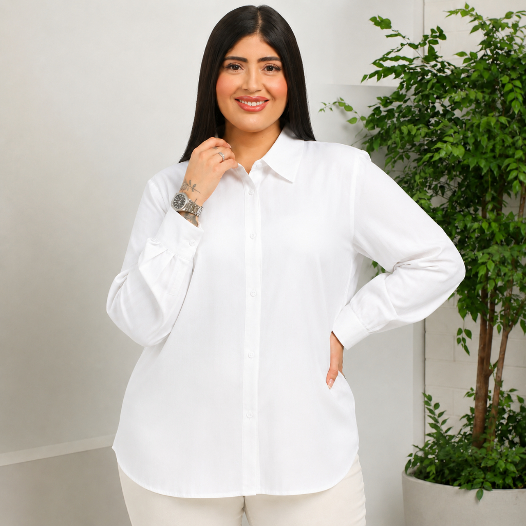 Camisa Feminina Plus Size Lisa/Listrada Social Manga Longa Gola Clássica Casual Trabalho Executiva