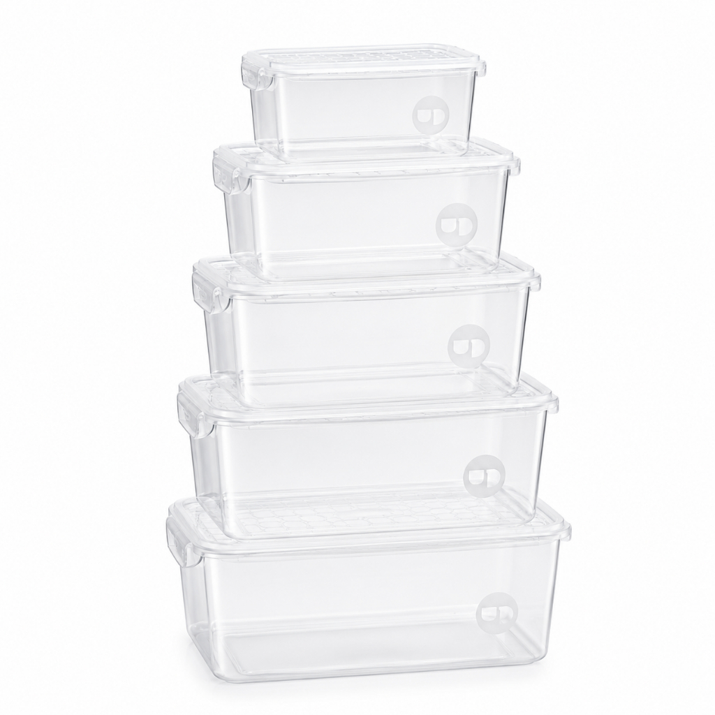 Kit 5 Pote Transparente Elegance 1 a 6L Resistente Para Cozinha Despensa Geladeira Mantimento Organização