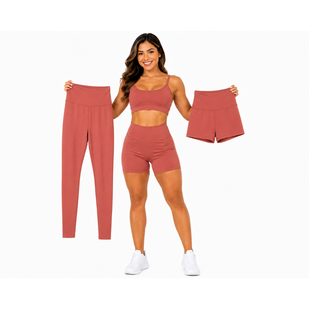 Trio Conjunto Fitness Feminino 3 Peças Poliéster e Elastano | Top + Legging + Shorts Sem Transparência Academia