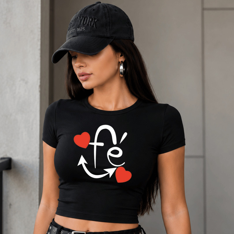 Blusinha Camiseta Baby Look Baby Tee Feminina Suplex Estilosa Confortável Dia a Dia Estampada Fé Coração