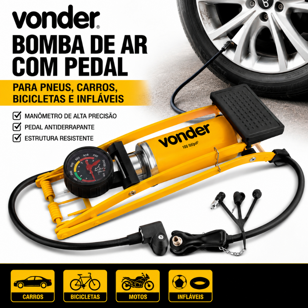 Bomba de Ar com Pedal para Pneus Carros Bicicletas e Infláveis Vonder