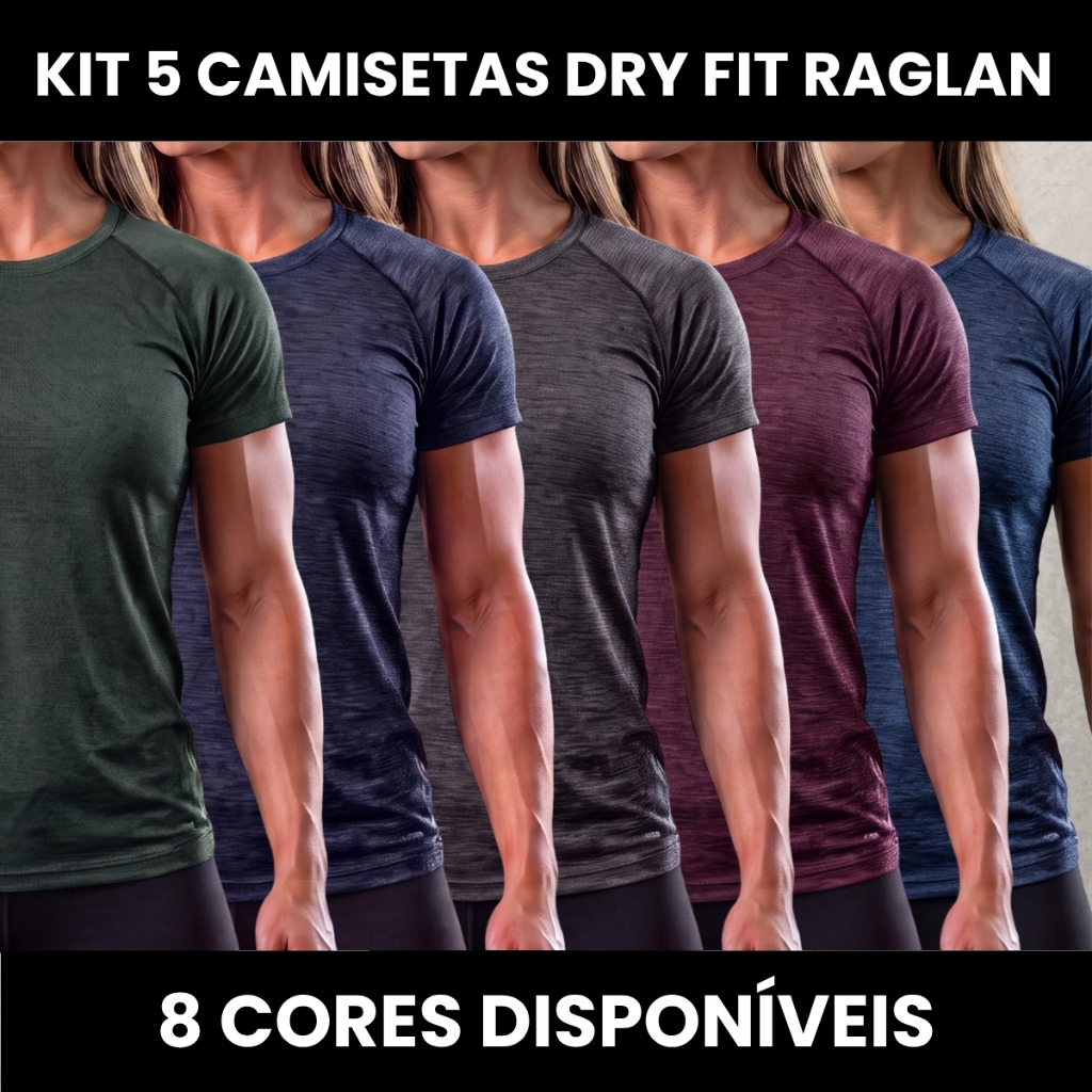 Kit 5 Blusa Dry Fit Feminina Manga Raglan Silk Frontal Estilo Básico Premium