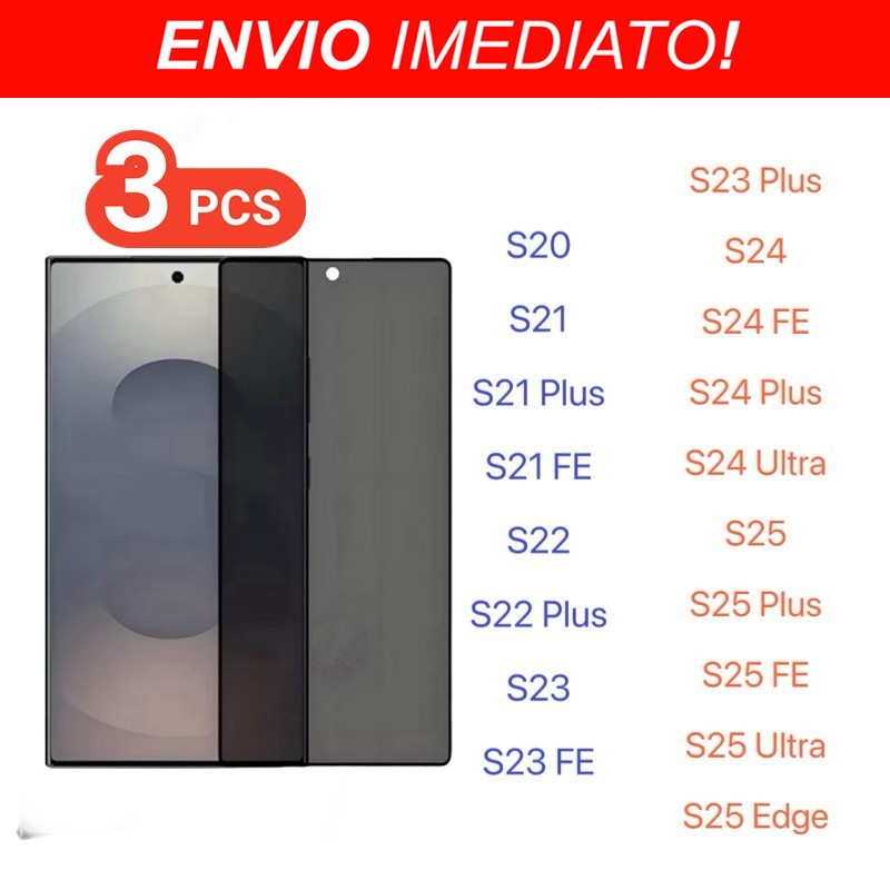 KIT 3 Película de vidro 3D Privacidade Anti Spy Para Samsung Galaxy S25 S24 S23 S22 S21 S20 FE Plus Ultra Edge