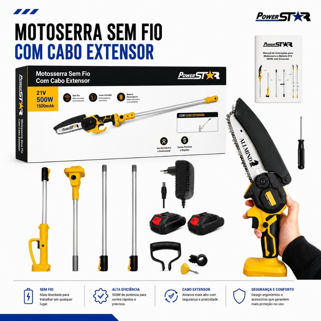 Mini Motosserra a Bateria 25V com Cabo Extensor 1.9 Metros Podador de Galhos