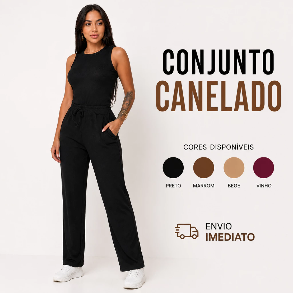 Conjunto Feminino Canelado Calça Wide Leg Pantalona com Bolsos + Regata Moda Verão Frio — imagem 1