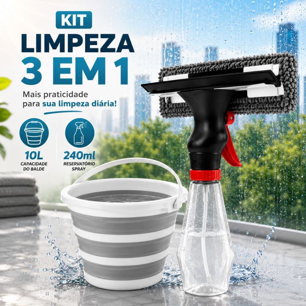 Kit Limpeza Balde Retrátil 10L Versátil Com Alça e Gancho + Rodo Rodinho Limpa Vidros Spray 3 em 1 Borrifa Lava e Seca
