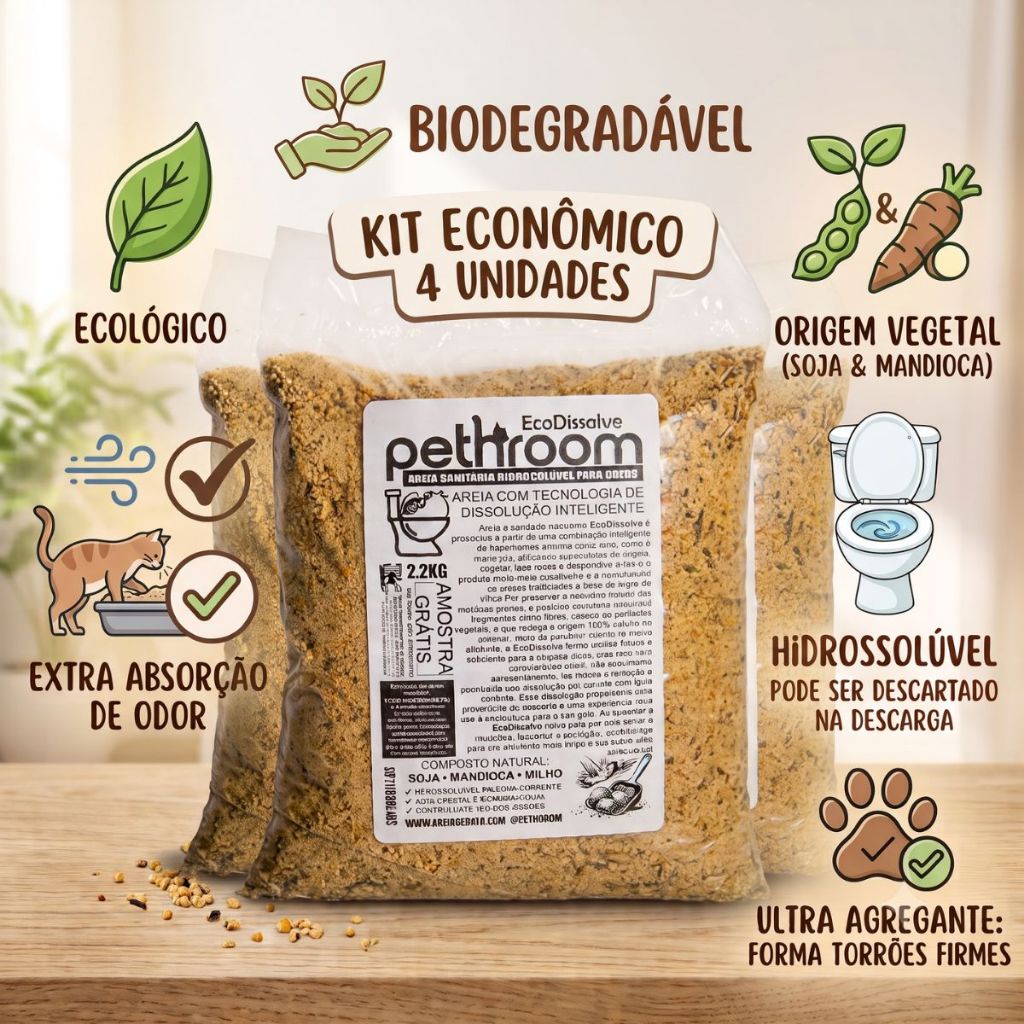 Combo 4 Granulado Sanitário Gato Soja Hidrossolúvel 2,2k total 8,8kg