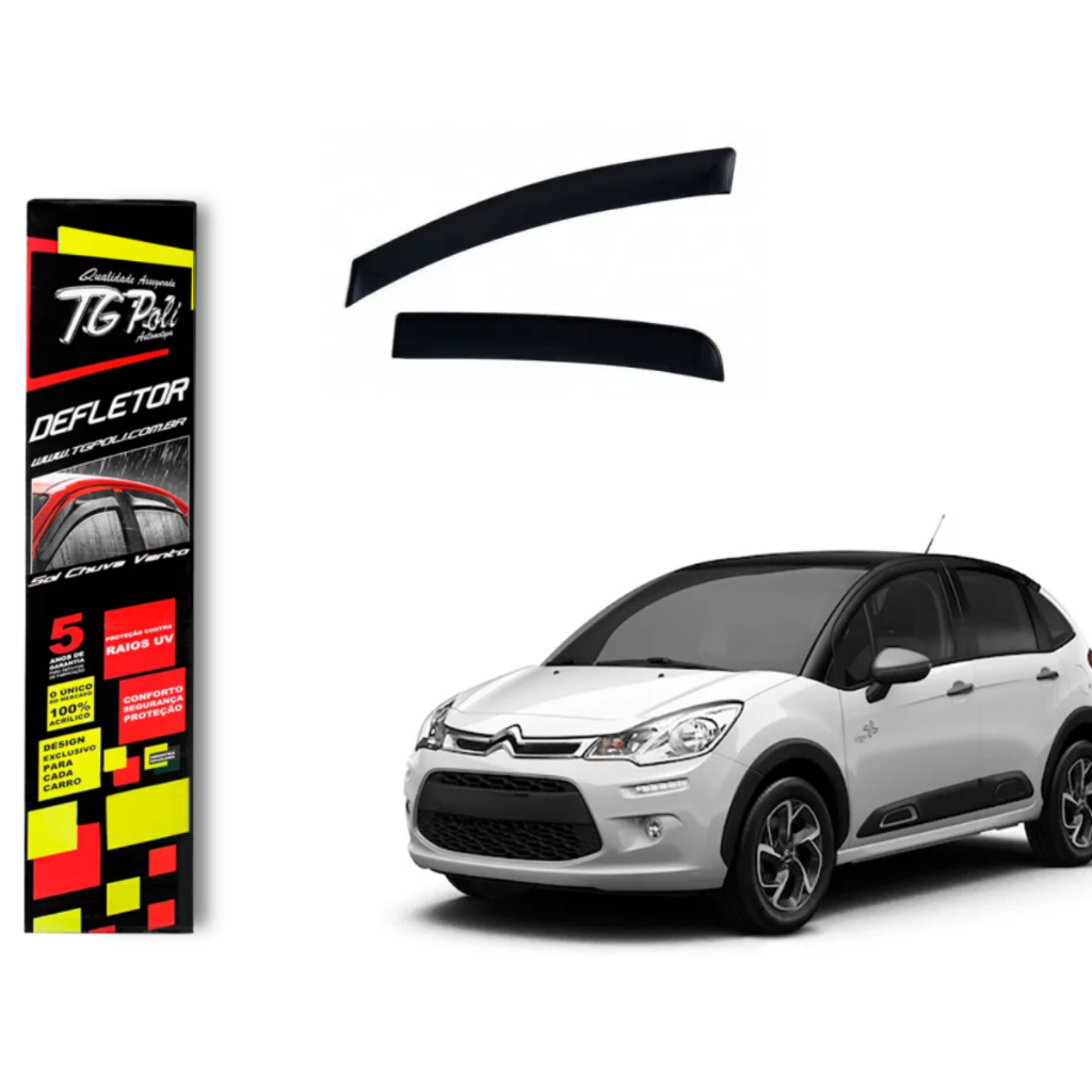 Calha de Chuva Citroen C3 2013 a 2021 4 Portas TG Poli Defletor Portas Protetor Janelas Fumê