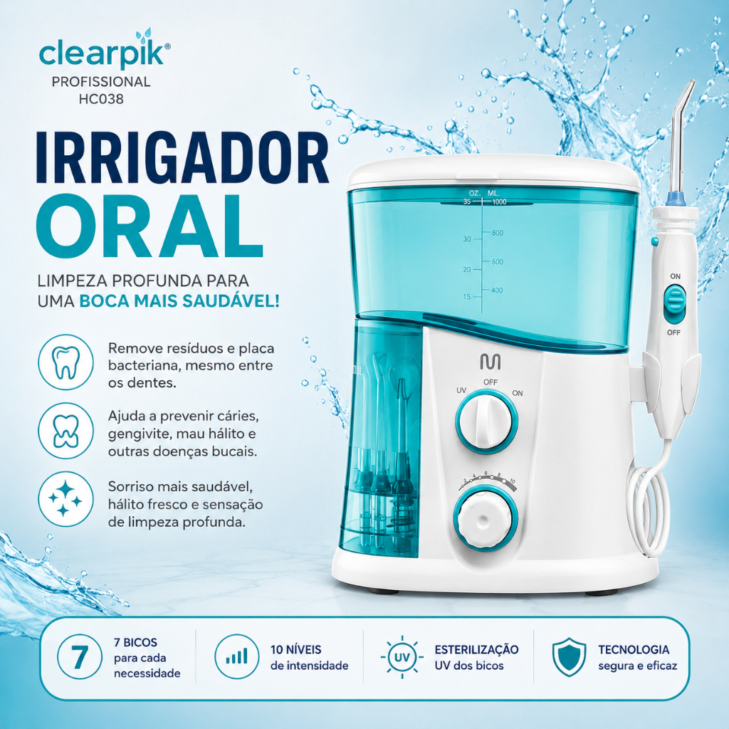 Irrigador Oral Clearpik Profissional Portátil 1000ml Bivolt Multi Saúde - HC038