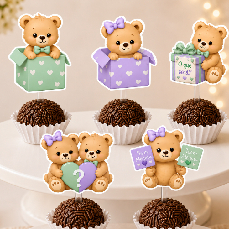Envio Rápido kit 30 |Topper para Docinhos Chá Revelação Ursinho verde e lilás| Decoração Menino ou Menina | Chá de Bebê