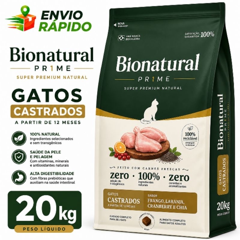 Ração Super Premium Bionatural para Gatos Castrados 20kg sabor Frango Envio Rápido