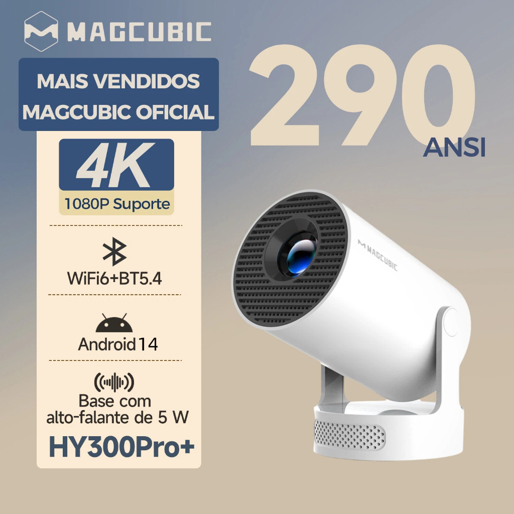 MAGCUBIC HY300 Pro+ Projetor Portátil Android 11 WiFi6 290ANSI 4K 1080P Suporte Giratório 180° BT5.4
