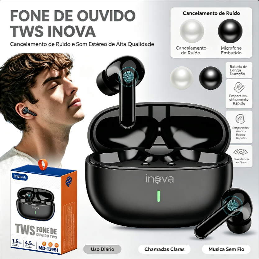 Inova Fone De Ouvido Sem Fio Bluetooth TWS 5.3 Com Cancelamento De Ruído E Longa Duração De Bateria IPX5 à Prova d'Água · foto 2