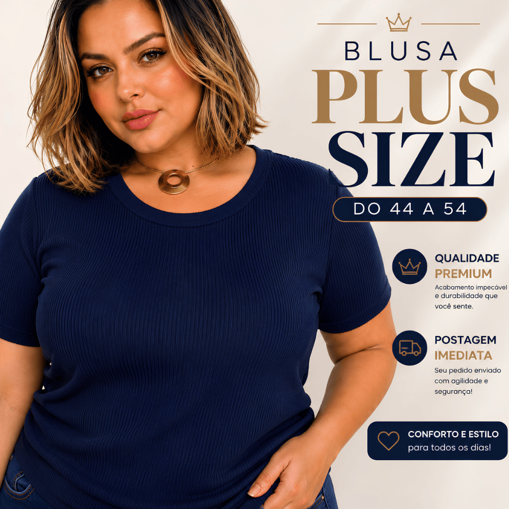Blusa Feminina Plus Size Canelada Básica Manga Curta Camiseta Confortável Gola Redonda 44 ao 54