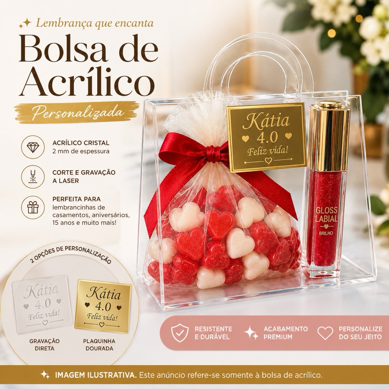 lit 5 Bolsinhas de Acrílico Cristal Personalizada | Lembrancinha para Aniversário, Casamento, Corporativos