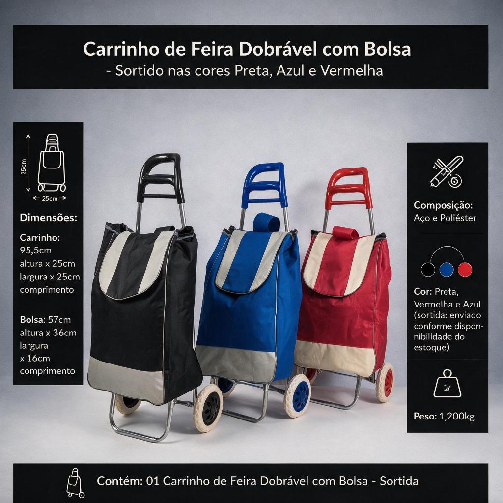 Carrinho de Feira Dobrável com Bolsa - Resistente, Prático, Conforto, Espaçosa, Facilidade, Utilidade Dom - Cor Sortida