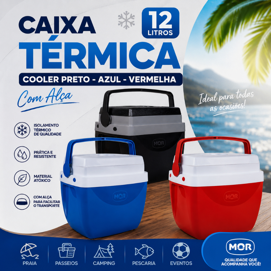 Caixa Térmica Cooler Preto - Azul - Vermelha Com Alça 12 Litros Mor