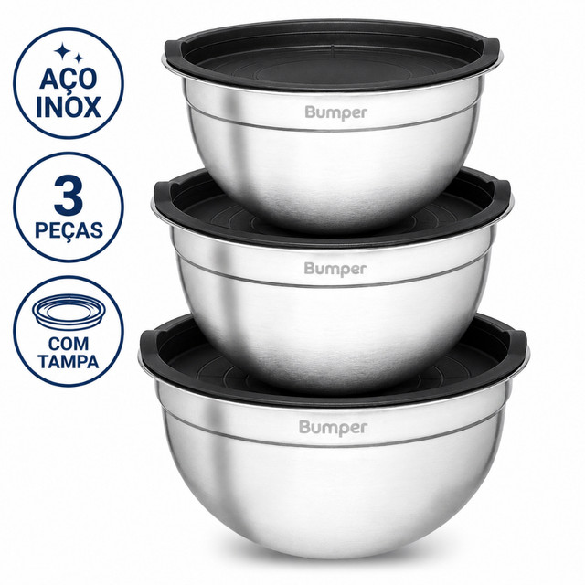 Kit 3 Bowls Inox com Tampa Bumper 1,4L 2L 2,6L Empilháveis Pote Tigela Multiuso
