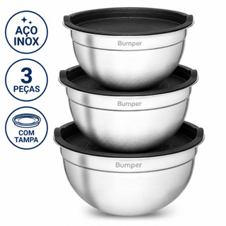 Kit 3 Bowls Inox com Tampa Bumper 1,4L 2L 2,6L Empilháveis Pote Tigela Multiuso